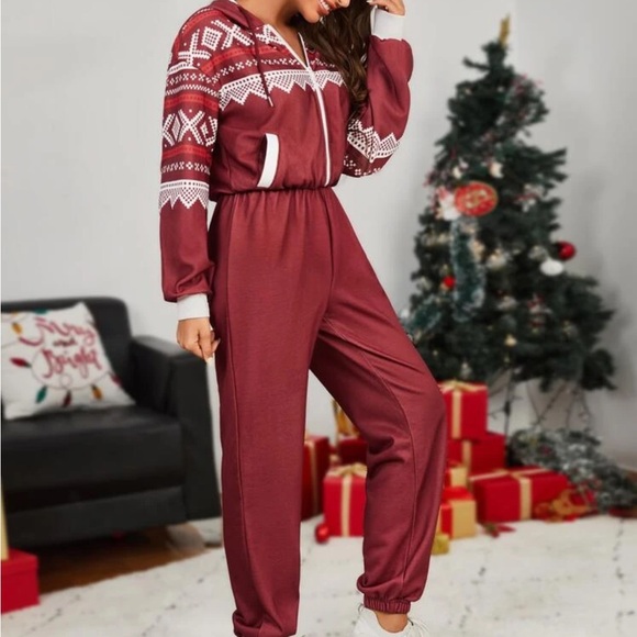 Pants - Women's Burgundy Jumpsuit with Nordic Pattern